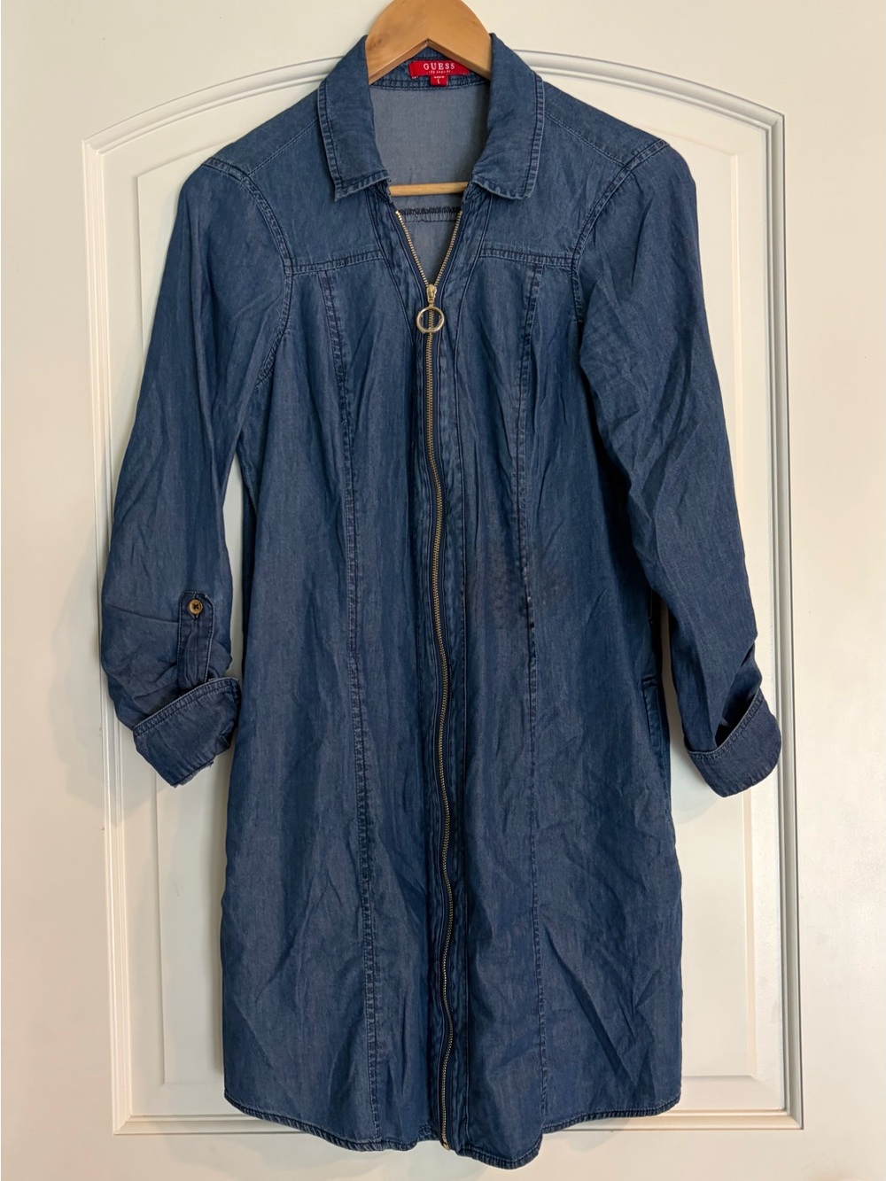 GUESS Women's Dark Blue Denim Zip-Front Dress Size Large